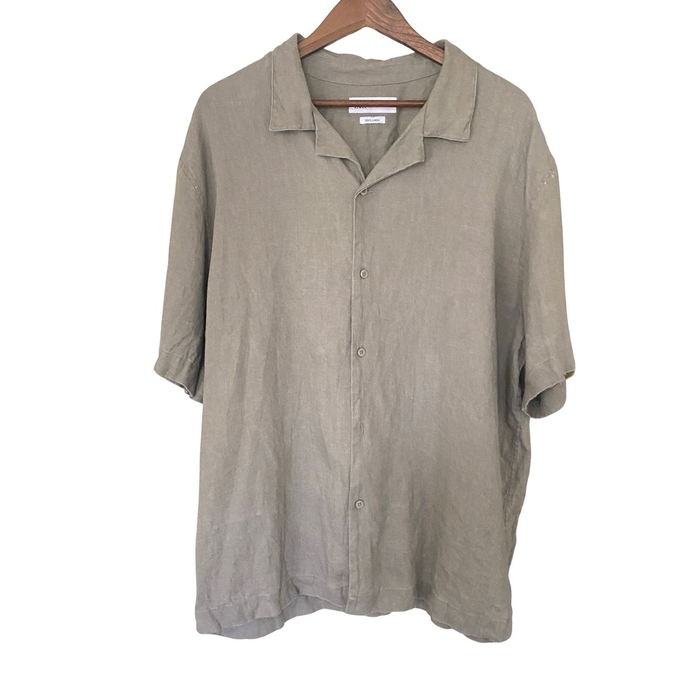 ZARA 100% Linen Mens Button Down Shirt XL Taupe Short Sleeve Relaxed Summer